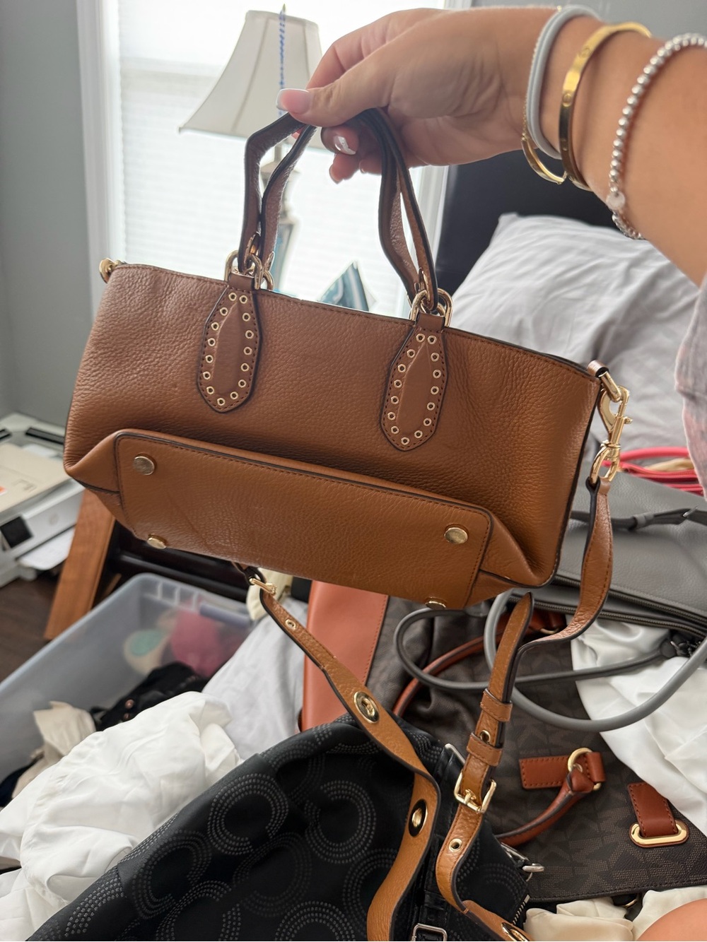 Michael Kors Cognac Pebbled Leather Satchel with Gold Hardware